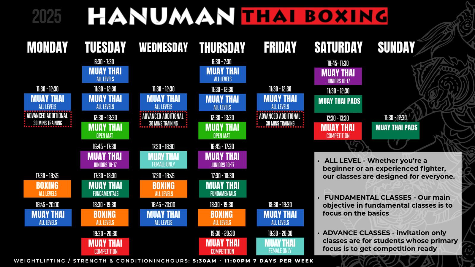 Timetable showing all the classes for our new gym